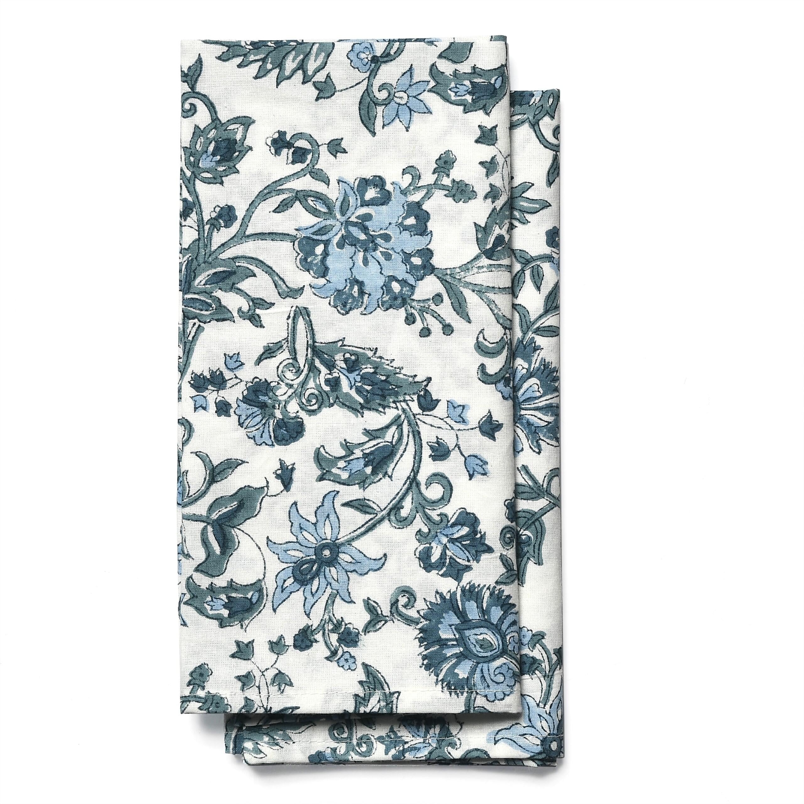 CPC Cloth Napkins Set of 6 Cotton Printed Dinner Hand Print Napkins I Wedding Cocktail Cloth Floral Napkins I 18x18 in I Blue Flower