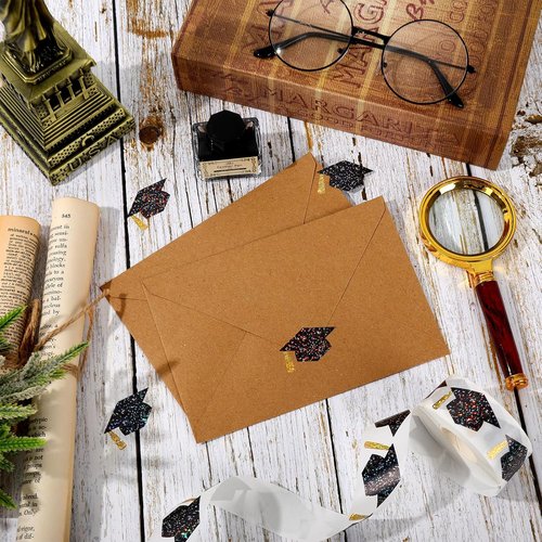 FYSUIMU Graduation Cap Stickers - Holographic Black & Gold Decals for Grad Parties | 500 Pcs, 1.5 in