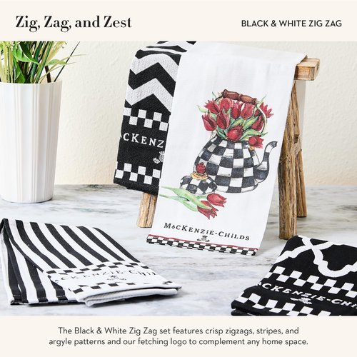 MACKENZIE-CHILDS Set of 3 Cotton Dish Towels, Decorative Kitchen Towels, Black-and-White Zig Zag