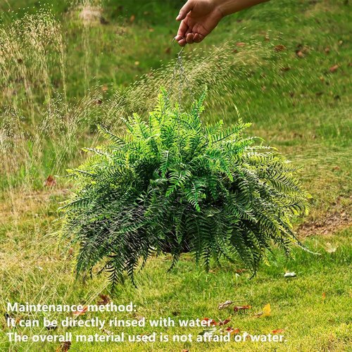 QIANYUN 1PCS Fake Hanging Plant- Boston Ferns UV Resistant Plastic Plants for Bedroom Living Room Garden Decor- Including Hanging Planters (Persian-Green)