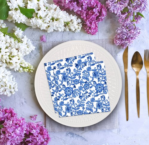 Gift Boutique 100 Blue Floral Cocktail Beverage Napkins Disposable Paper Spring Blue Flowers Dessert Napkin for Spring Flower Wedding Holiday Bridal & Baby Shower Tableware Party Supplies