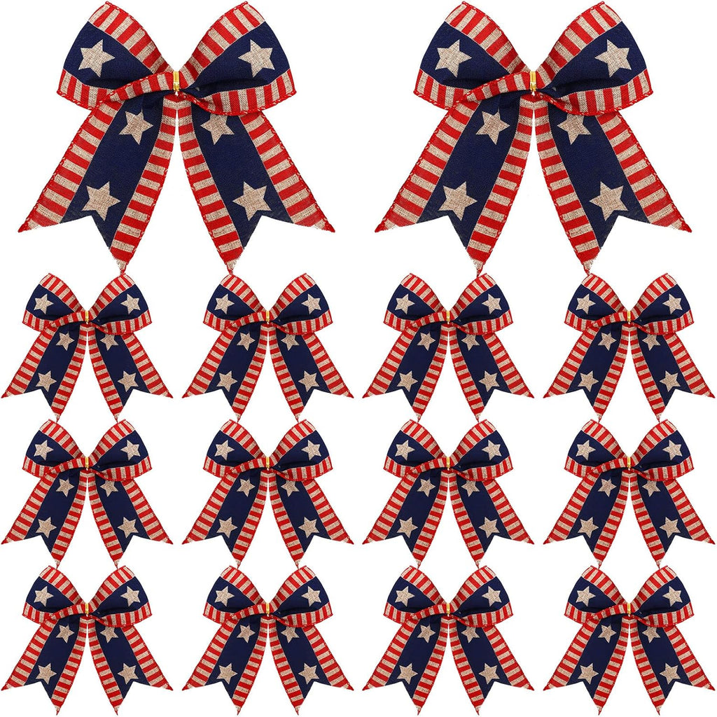 Regine Switzerland 12 Pcs 4th of July Bows - 6 Inch Patriotic Burlap Decor for Independence Day | Red, White, Blue