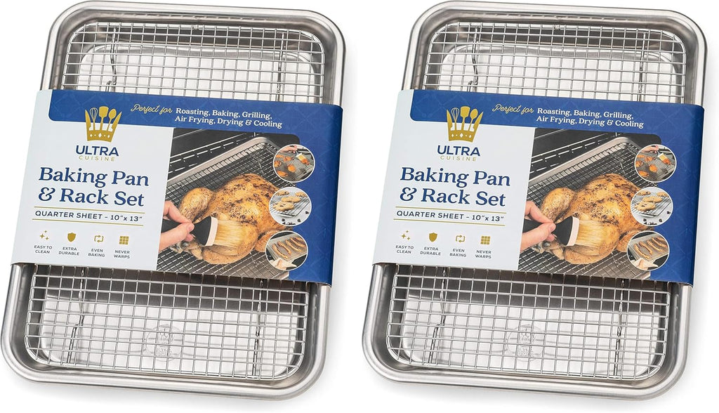 Ultra Cuisine Quarter Sheet Pan Set - Premium Aluminum Baking Sheet with Stainless Steel Rack | Commercial Quality (Pack of 2)