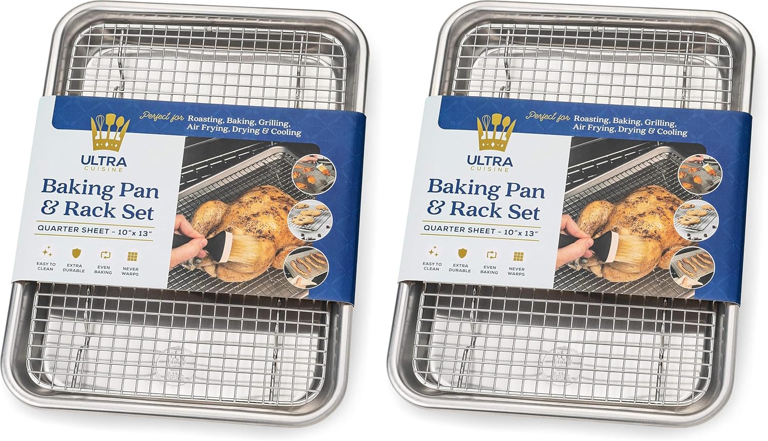 Ultra Cuisine Quarter Sheet Pan Set - Premium Aluminum Baking Sheet with Stainless Steel Rack | Commercial Quality (Pack of 2)