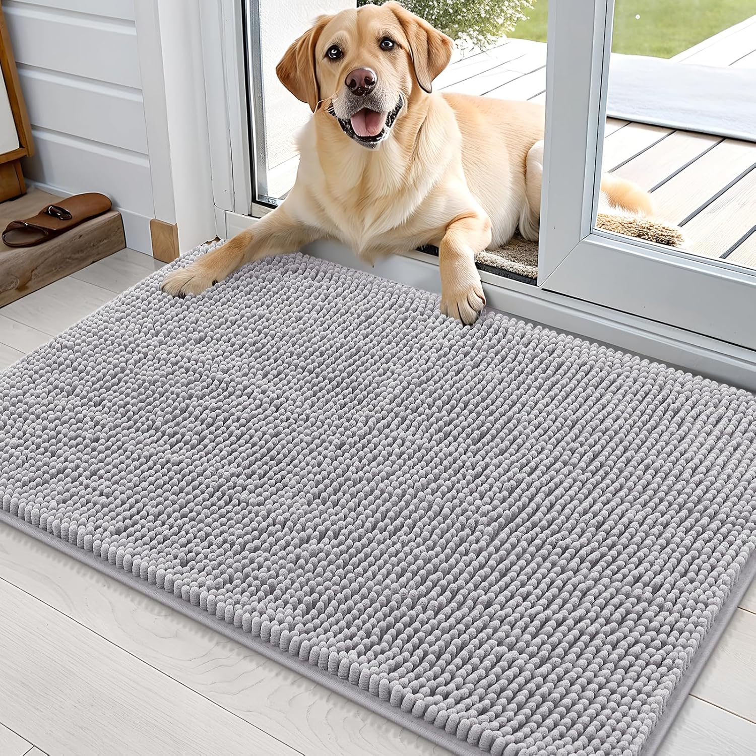 OLANLY Dog Door Mat - Absorbent Non-Slip Mud Mat for Indoor Use | 35x24 Light Grey, Quick Dry Chenille