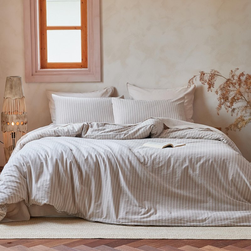 QKTE Striped 100% Washed Cotton Duvet Cover Set King Size 3Pcs(1 Comforter Cover&2 Pillowcases), Natural Cotton Bedding Set Soft Breathable Farmhouse Zipper Closure All Seasons(Khaki-White,King)