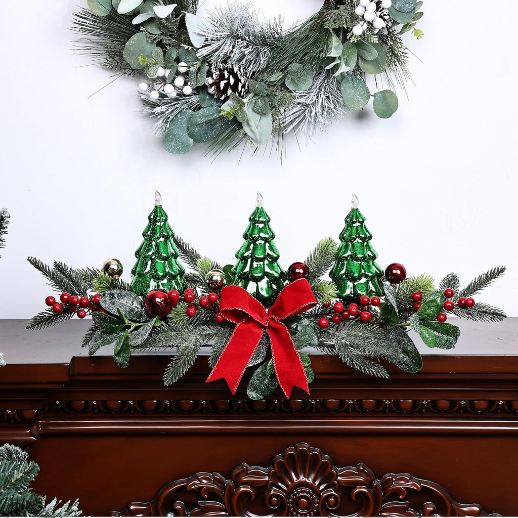 Skiennix Christmas Table Centerpiece - LED Lights, Green Tree Decoration with Red Berries & Balls