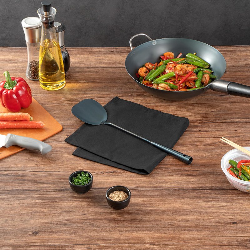 Restaurantware-Motomori 16 Inch Wok Spatulas, 10 Pre-Seasoned Cooking Turners - Hanging Hole, Extra Long Handle, Blue Carbon Steel Chinese Cooking Spatulas, For Stirring, Flipping, Frying, And More