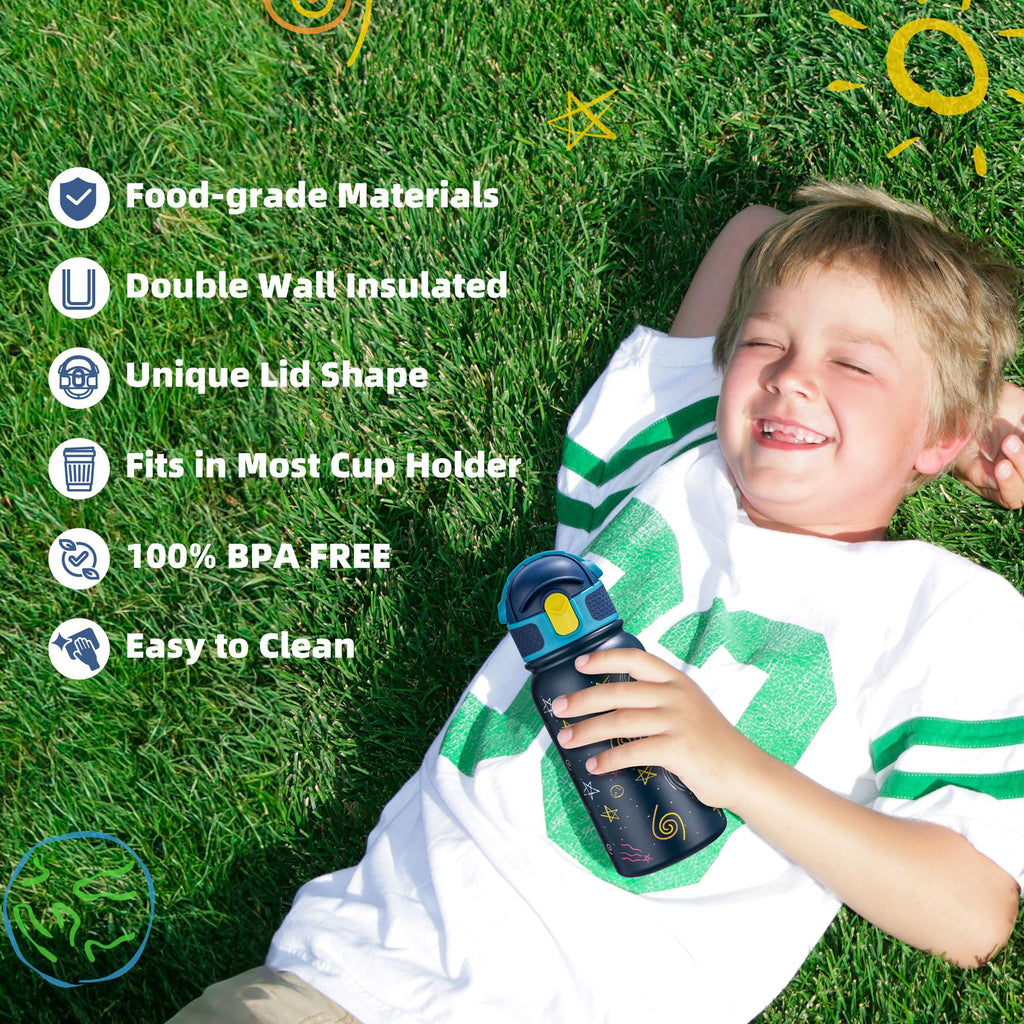 OLDLEY Kids Water Bottle 12oz Insulated Water bottle, Double Wall Stainless Steel Vacuum Bottle, Leak-Proof Sport Bottles for School Boys Girls,Navy Sky