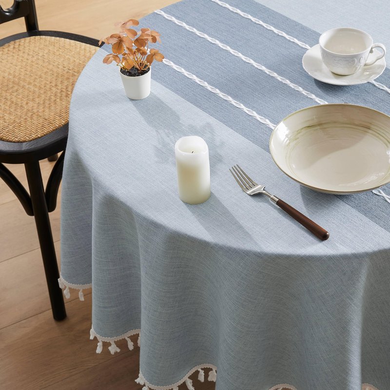 ZeeMart Contrast Linen Round Tablecloth 60 Inch Blue, Farmhouse Style Round Table Cloth Heavy Weight Dusty Blue Tablecloths, Water Resistant Burlap Table Cloths