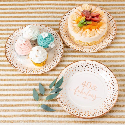 Crisky 40 Fabulous Disposable Plates for Women 40th Birthday Decorations Rose Gold Dessert, Buffet, Cake, Lunch, Dinner, Party Table Supples, 50 Count, 9 inches
