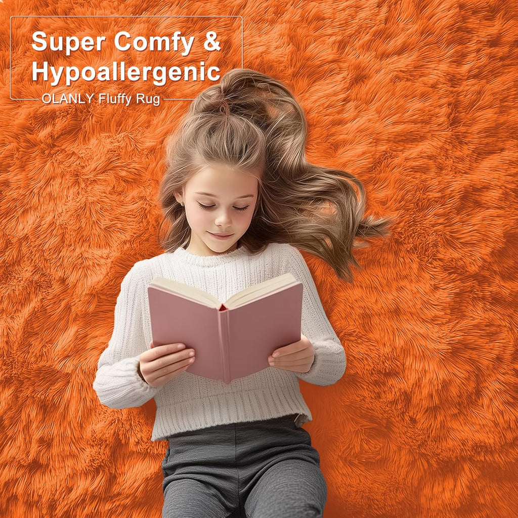 OLANLY Area Rug - Soft Fluffy Shaggy Design | Machine Washable 4x5.9 ft for Living Room & Bedroom - Orange