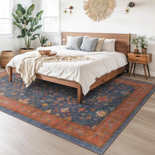 Hazo Haus 6x9 Dining Room Rug - Washable Non-Slip Area Rug in Navy Blue & Terracotta Vintage Boho Design