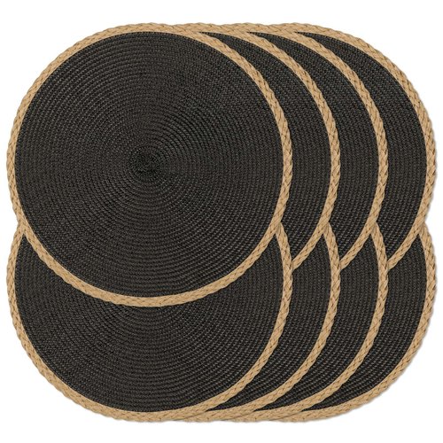 Noctiflorous Round Placemats Set of 8, 15 Inch Braided Hand Woven Table Mats, Heat Resistant Non-Slip Wipeable Thin Edge Place Mats for Kitchen Dining Indoor Outdoor Use(Black, 8)