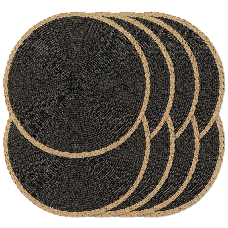 Noctiflorous Braided Round Placemats Set of 8, 15 Inch Woven Table Mats, Non-Slip Washable Thin Edge Place Mats for Kitchen Dining Table Decor (Black, 8)