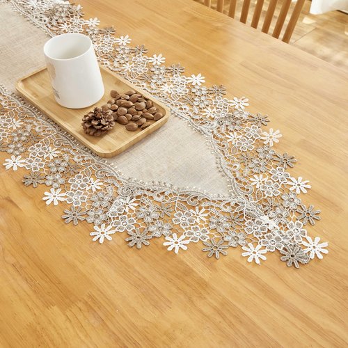 Winotic Natural Neutral Earth Tones Beige Floral Lace Table Runner Dresser Scarf 36 inches Long for Home Decor (16” x36”, Natural)