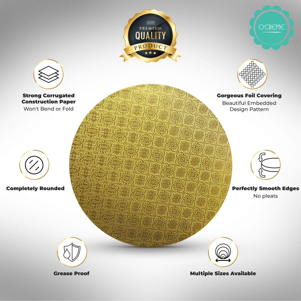 O’Creme Cake Board, Gold Foil Round Cake Circles with Gorgeous Design, Sturdy & Durable 1/2” Thick Cake Drums, Round Cake Boards with 12” Diameter, Pack of 5 Disposable Cake Drums