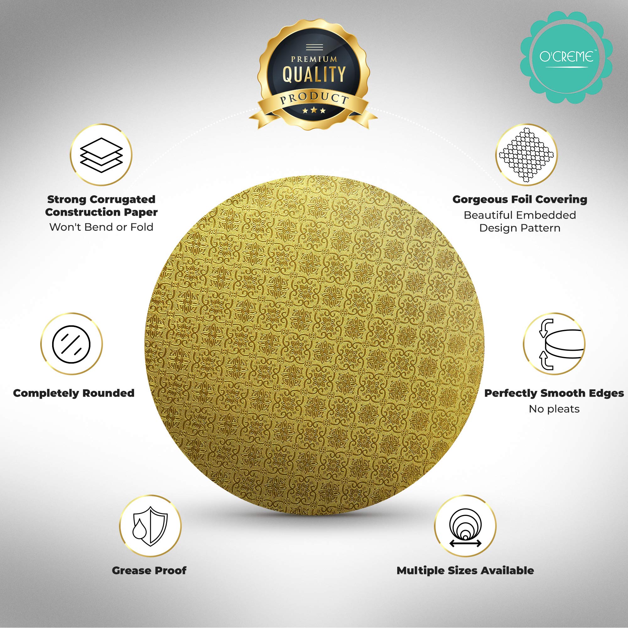 O’Creme Cake Board, Gold Foil Round Cake Circles with Gorgeous Design, Sturdy & Durable 1/2” Thick Cake Drums, Round Cake Boards with 12” Diameter, Pack of 5 Disposable Cake Drums