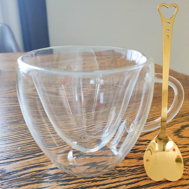 Heart Shaped Cup - Double Walled Insulated Glass Coffee Mug or Tea Cup - Double Wall Glass 10oz (300ml) - Clear - Unique & Insulated with Handle - With Teaspoon