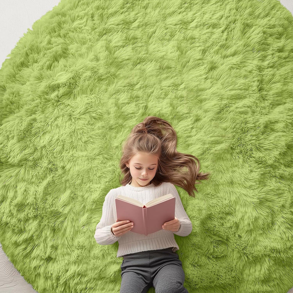 OLANLY Round Grass Green Area Rug - Soft, Fluffy, Machine Washable 7 ft Circle Carpet for Bedroom & Living Room