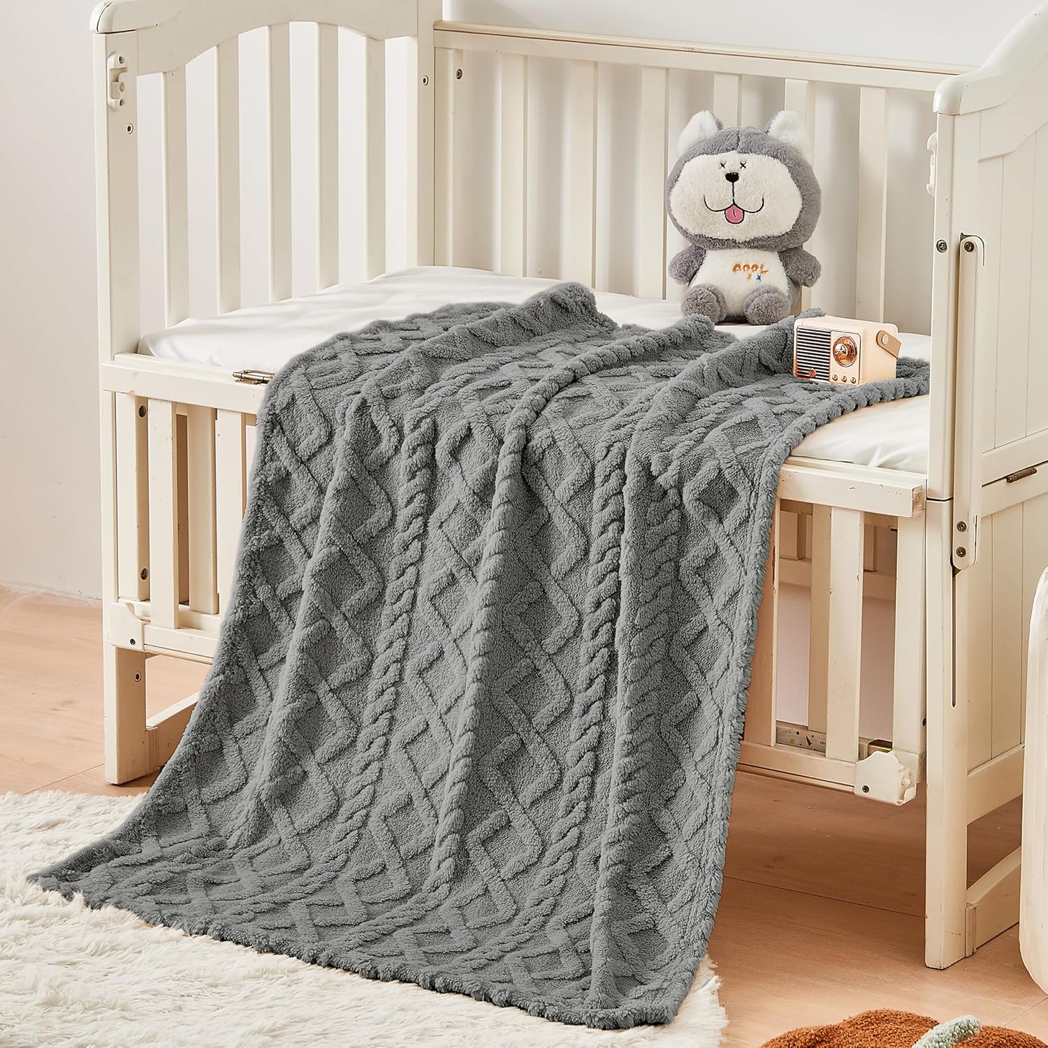 **Sherpa Fleece Baby Blanket - Ultra Soft, Cozy Infant Receiving Blanket for Crib/Stroller | 30”x40” (Grey)**