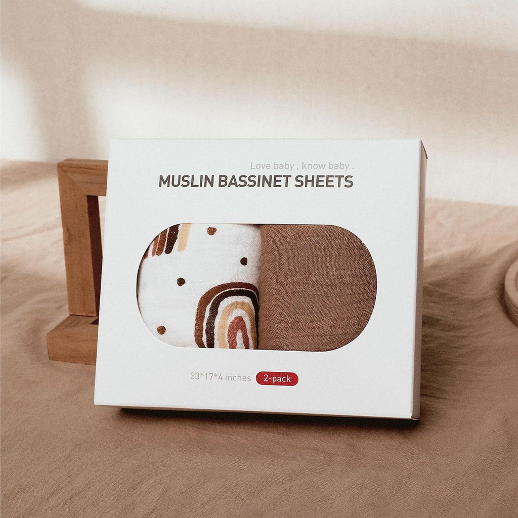Skiennix Muslin Bassinet Fitted Sheets - Soft Cotton Baby Mattress Set | 360° Snug Fit, Cute Rainbow Design