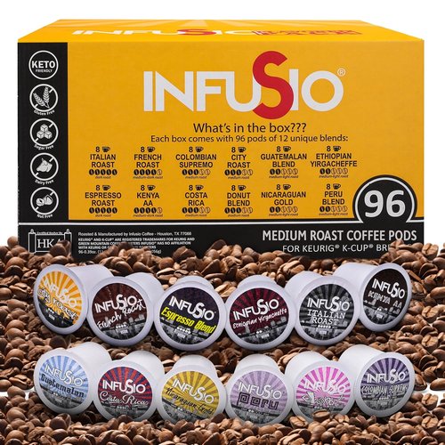 InfuSio Coffee Pods Variety Pack - 96 Count of Premium Medium & Dark Roast Blends | Compatible with Keurig K-Cup 2.0