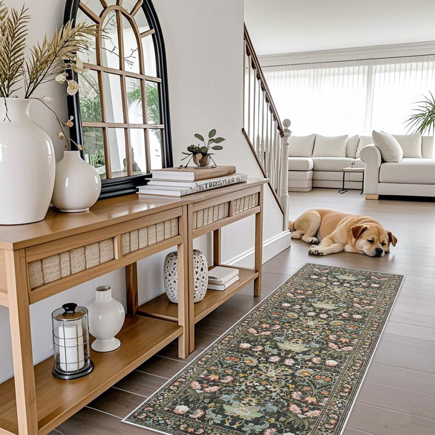 Skiennix Vintage Floral Hallway Runner Rug - Washable, Non-Slip, Water Resistant | 2x6 Green Soft Carpet for Living Room, Bedroom, Bathroom