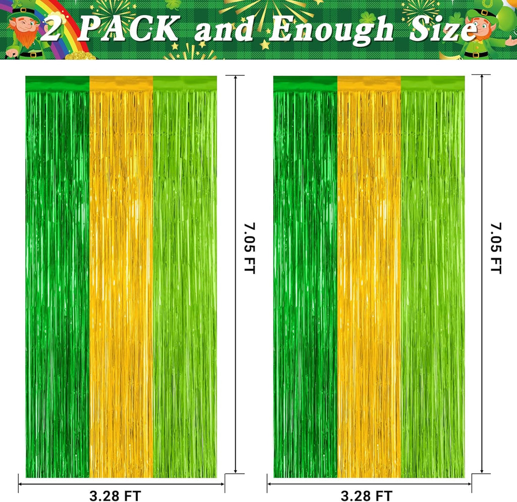St. Patrick's Day Party Decorations - 2 Pack Green & Gold Metallic Backdrop Curtains | 3.28 FT x 7.05 FT