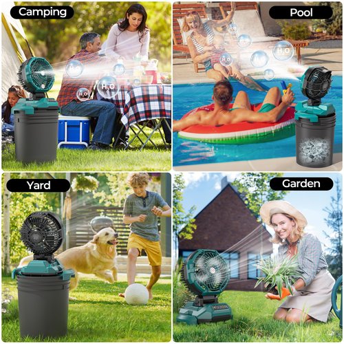 Portable Misting Fan for Outdoors Patios - 30000mAh Rechargeable Battery Powered Camping Fan, 4 Spray Mister with Timer, Fits 10-13" Bucket, 4 Speed, 90° Auto Oscillation for Garden Sports Travel Golf