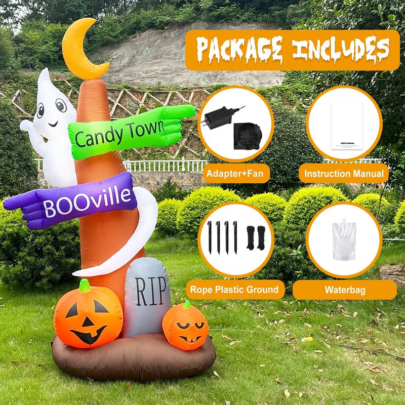 8 Feet Halloween Decoration Dead Tree Road Sign with Flying Ghost Pumpkins RIP Blow Up Lighted Outdoor Spooky Tombstone for Holiday Party Indoor Outside Yard Lawn Garden Decor