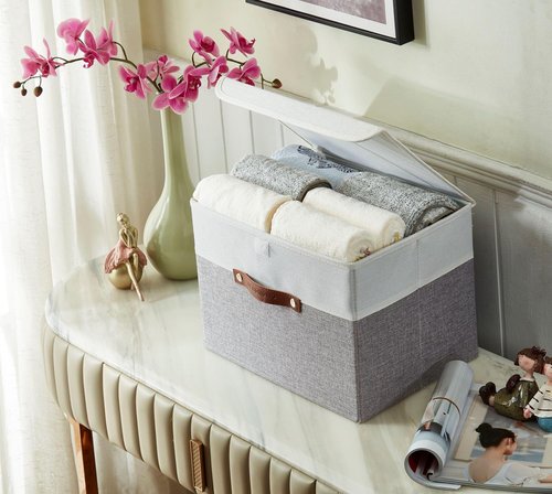 DECOMOMO Fabric Storage Bins - Stylish Grey and White Baskets with Lid | 3 Pack for Organized Shelving
