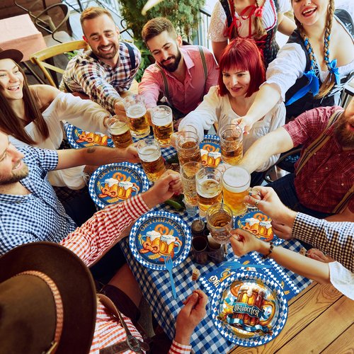 VorkiVecKi Oktoberfest Party Supplies Plates - 96 Pcs Bavarian Paper Plate Set Napkins Forks Tableware Disposable Serving, Blue Flag Check Party Decorations for Men German Beer Festival Celebrations