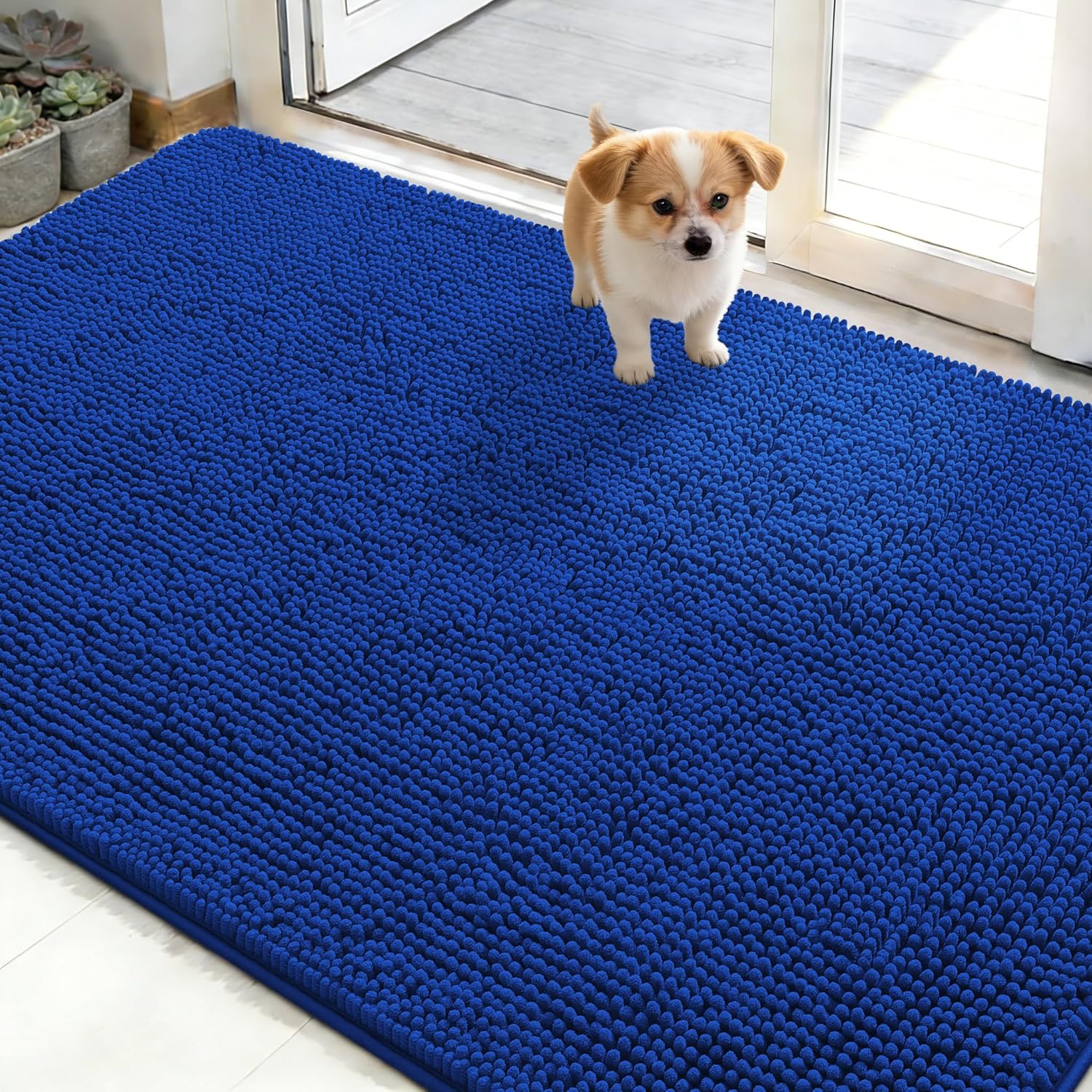 OLANLY Dog Door Mat - Absorbent Non-Slip Chenille Mat for Muddy Paws | 48x30 Royal Blue