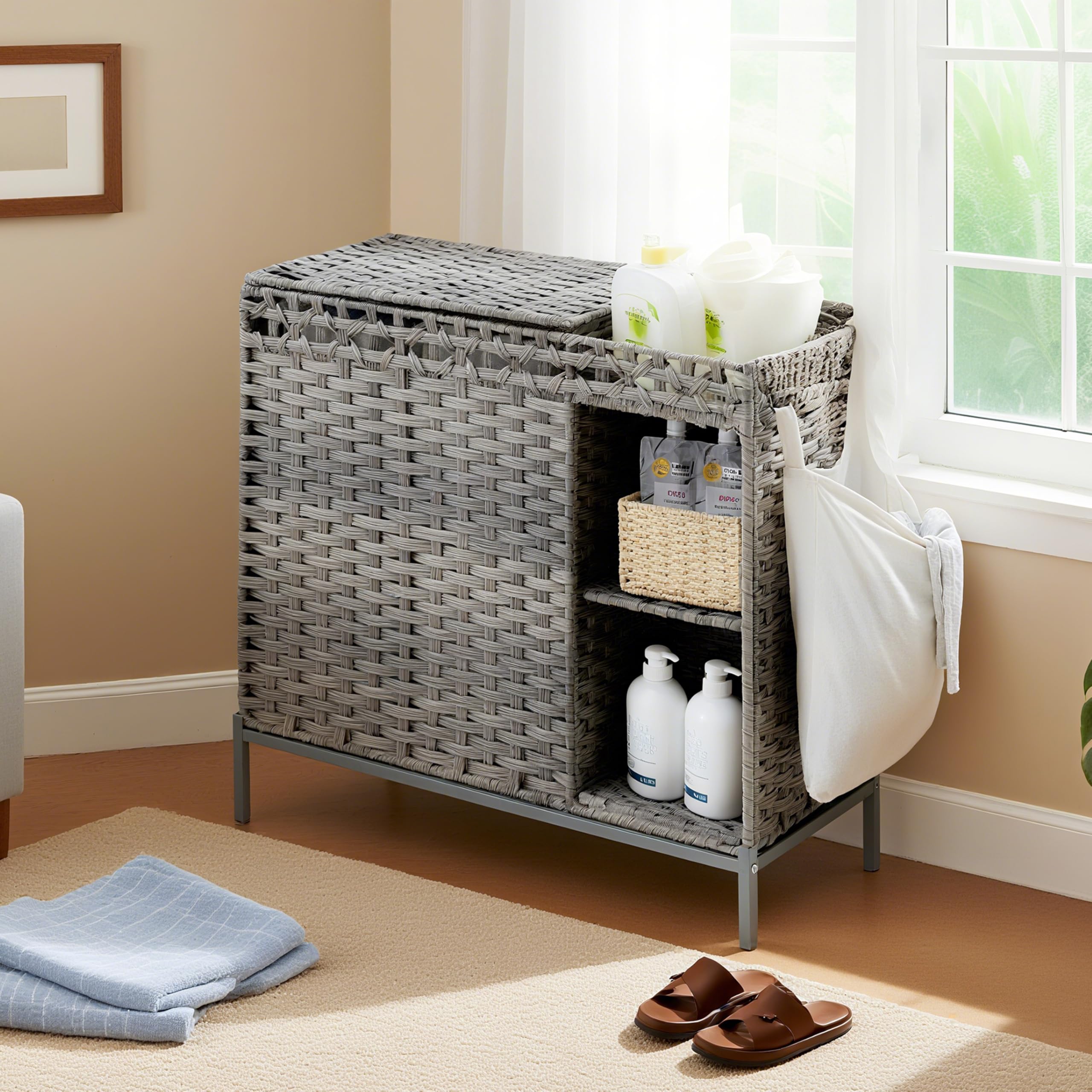 Gitelsnour Laundry Hamper with Lid, 110L (29.1 Gal) Rattan Laundry Hamper 2 Section with 50L (13.2 Gal) Storage Shelf, Wicker Woven Laundry Sorter Basket with 3 Liner Bags and Handles, Gray GLH002G
