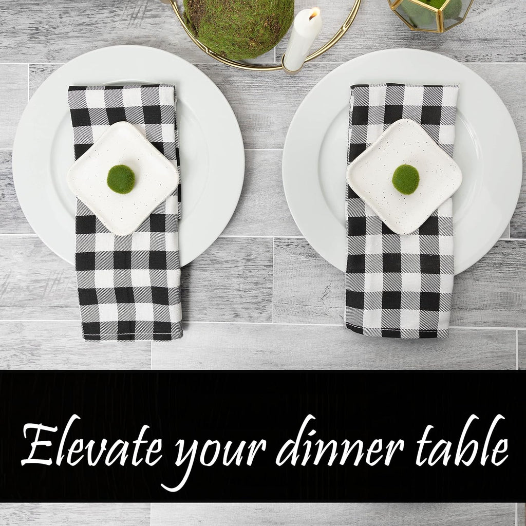 PERLLI Kitchen Cloth Napkins - 12 Pack 18x18 Inches | 100% Cotton Black and White Plaid Design, Washable & Reusable for Elegant Table Settings