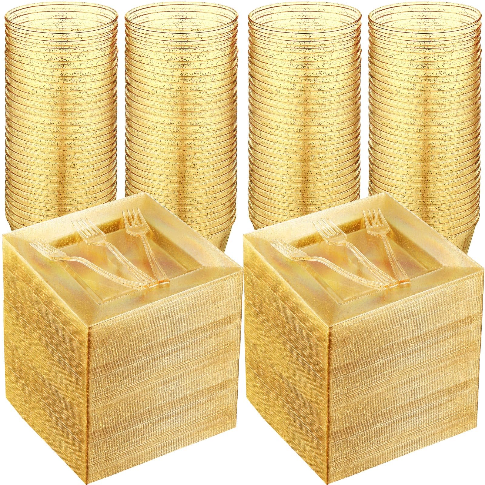 Mifoci 300 Pcs Gold Glitter Plastic Plates Set for Party 100 Pcs 6.5 Inch Plastic Plates with 100 Forks and 100 9 oz Cups for Wedding Party Halloween(Gold Glitter)