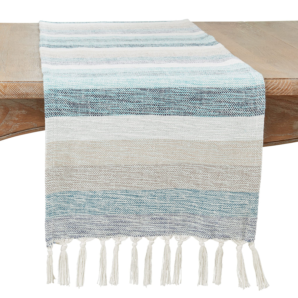 SARO LIFESTYLE Striped Table Runner with Fringe - Woven Cotton Blend Table Runner for Dining Table, Kitchen Table, Farmhouse and Rustic Home Décor, 16"x120", Aqua