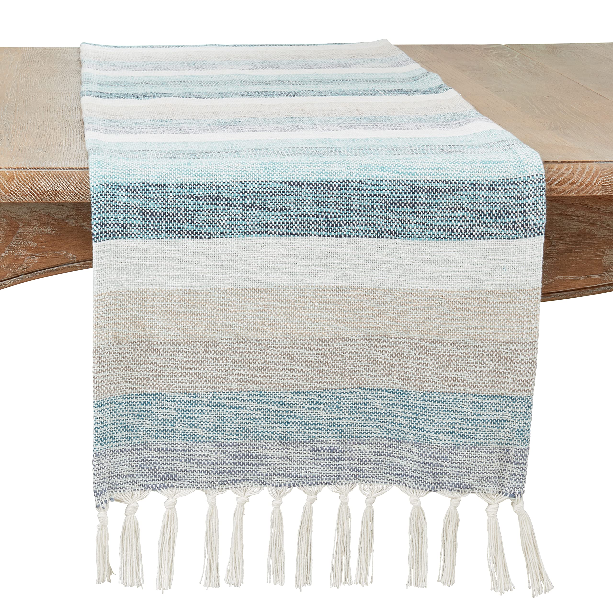 SARO LIFESTYLE Striped Table Runner with Fringe - Woven Cotton Blend Table Runner for Dining Table, Kitchen Table, Farmhouse and Rustic Home Décor, 16"x120", Aqua