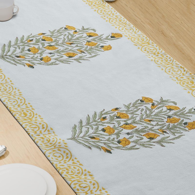 Handcrafted Hand Block Print Table Runner 72 Inch 4-6 Seater - Fall & Holiday Dinner Collection - 100% Canvas Cotton Floral - Dining Coffee Center Kitchen Table - Washable Gift-Boxed - Yellow & White