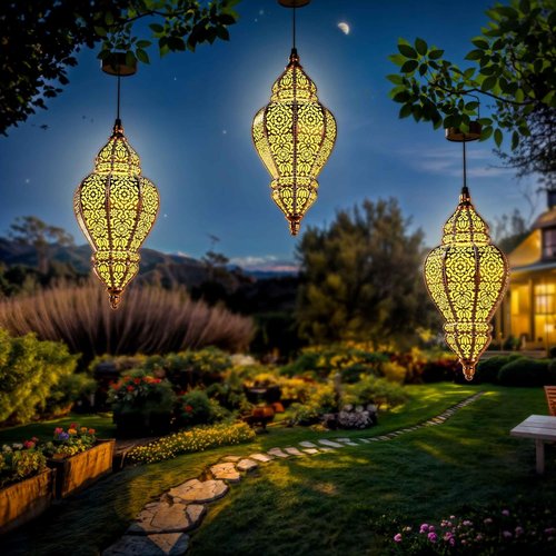 Hapjoy Moroccan Solar Lanterns - Waterproof Outdoor Garden Decor | Bidirectional Gold Design (1, Gold)