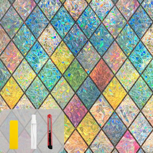 Countewol Rainbow Privacy Window Film Stained Glass Window Film That is Adhesive-Free, Residue-Free, Reusable, and Easy to Install with Tools. (Rainbow, 35.4 X 157.4 in)