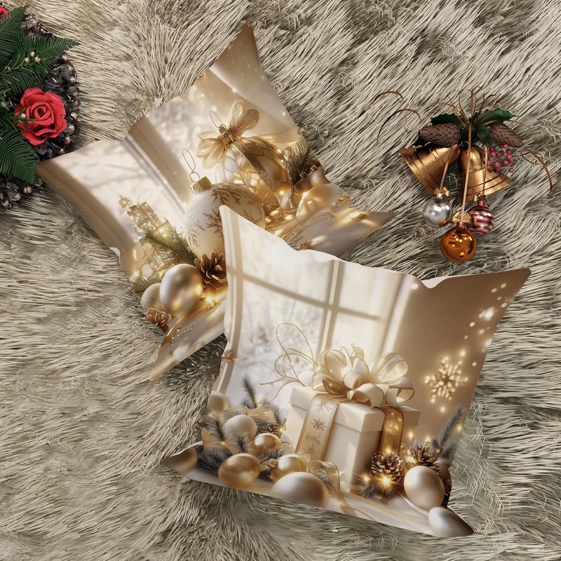 Winter Christmas Pillow Covers Set of 4, Elegant Luxury White Gold Balls Ornament Wreath Throw Pillows Case, Cozy Gift Box Festive Decorative Square Home Sofa Bed Couch Accents Covers 18x18 Inch