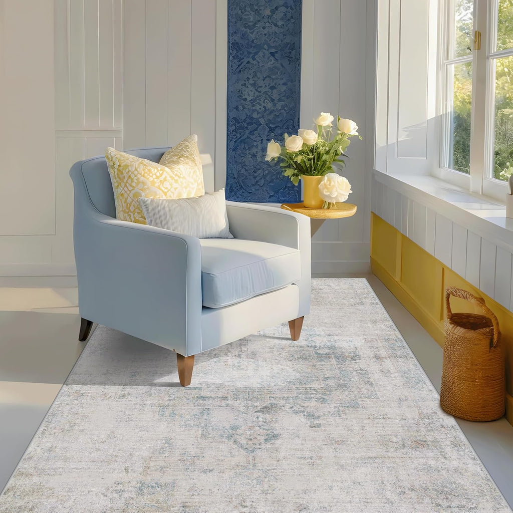 Skiennix Low Pile Office Rugs - 5x7 Abstract Non-Slip Rugs for Living Room & Entryway, Cream Slate Blue
