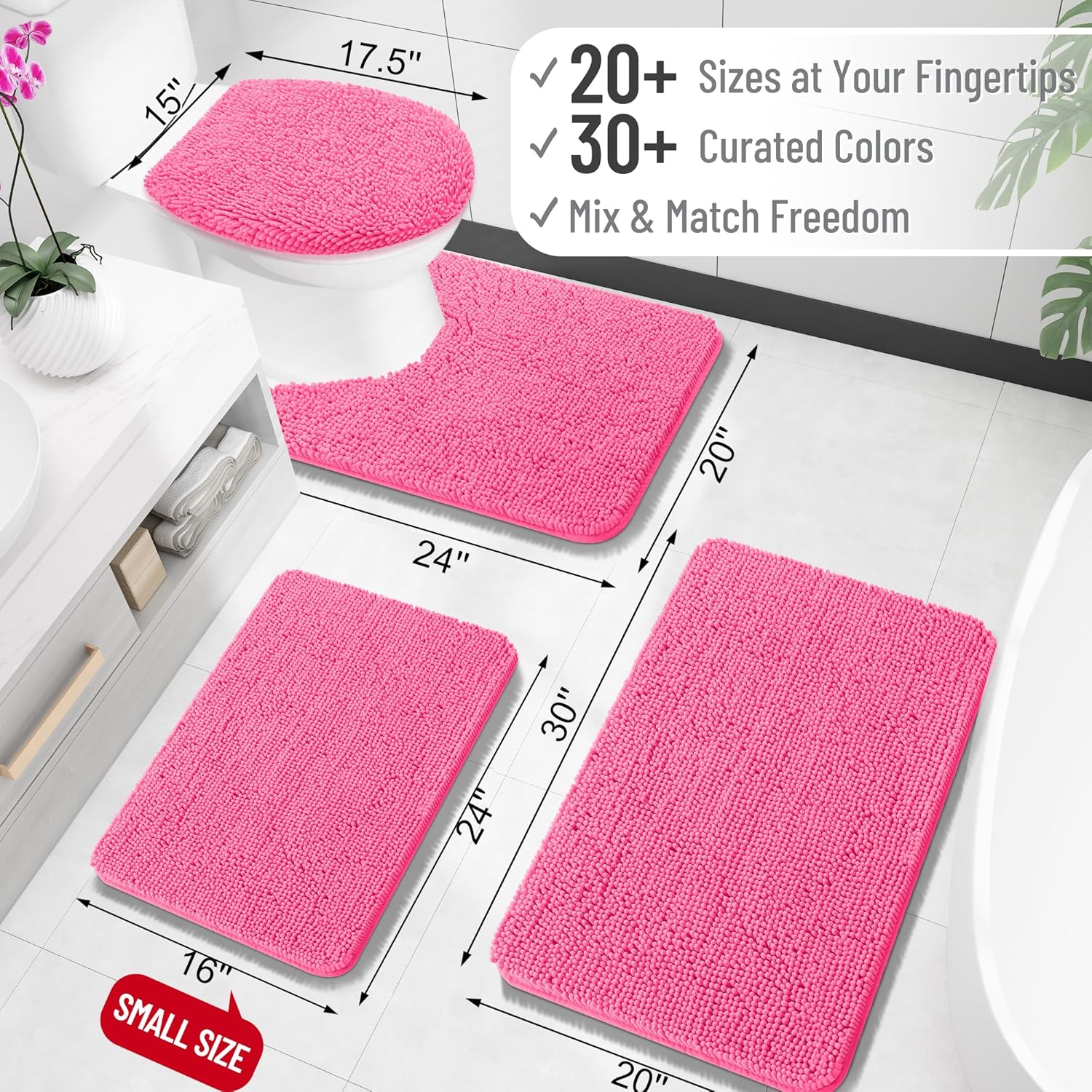 OLANLY Large Bath Rugs - Extra Soft Chenille with Rubber Backing | Quick Dry, Machine Washable, Hot Pink 47x32