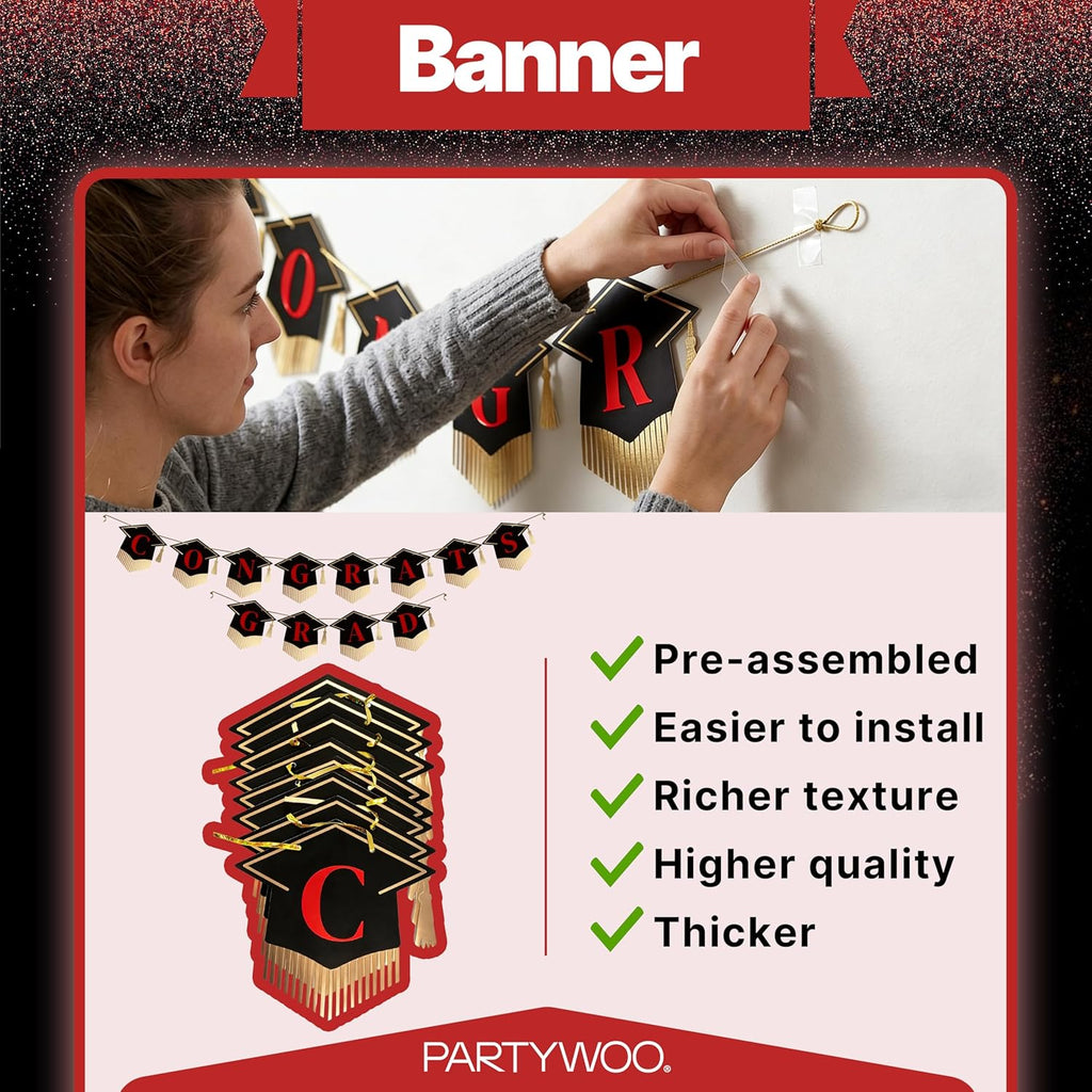 PartyWoo Graduation Banner - Class of 2026 Black and Red Decorations | 2-Piece Hanging Congrats Grad Supplies