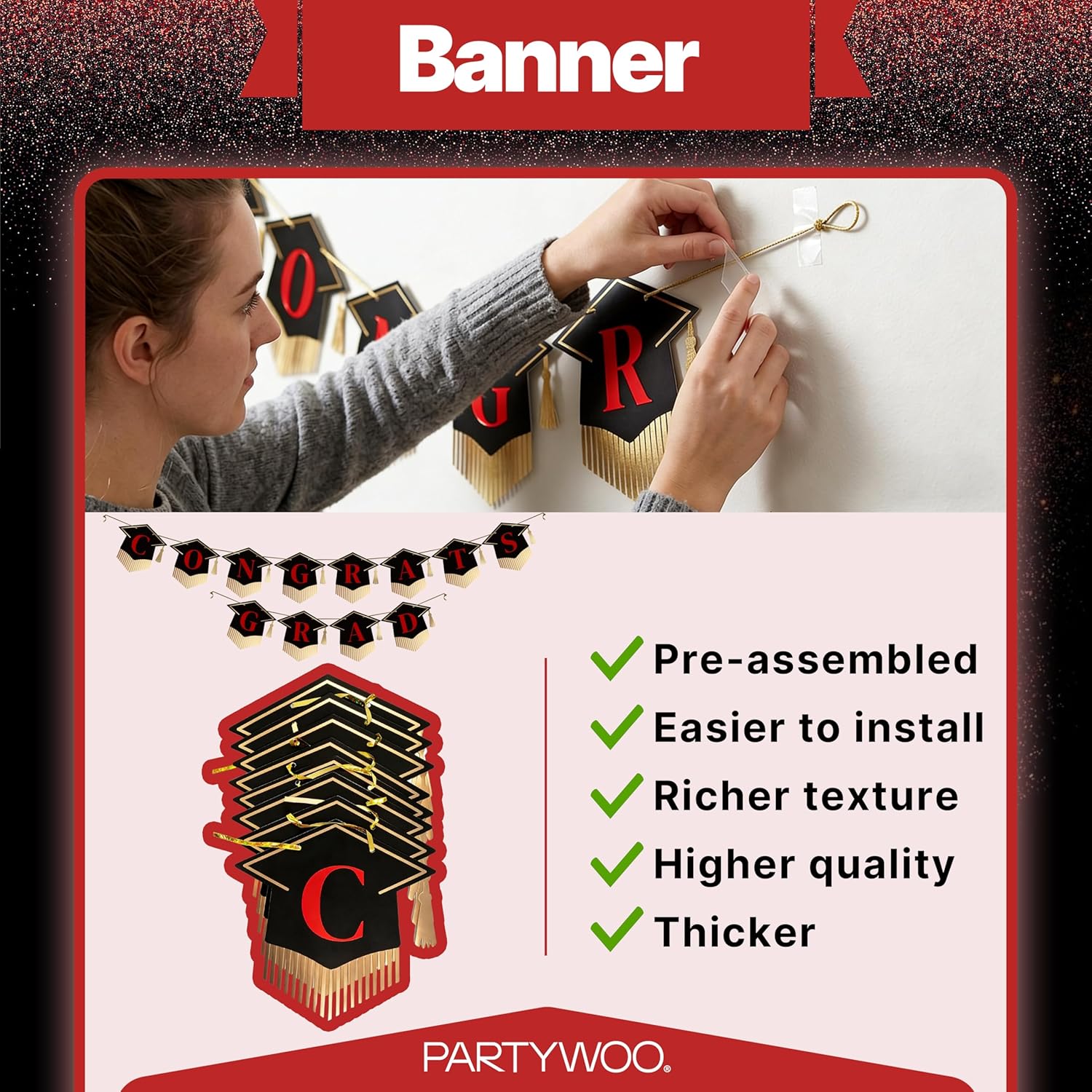 PartyWoo Graduation Banner - Class of 2026 Black and Red Decorations | 2-Piece Hanging Congrats Grad Supplies
