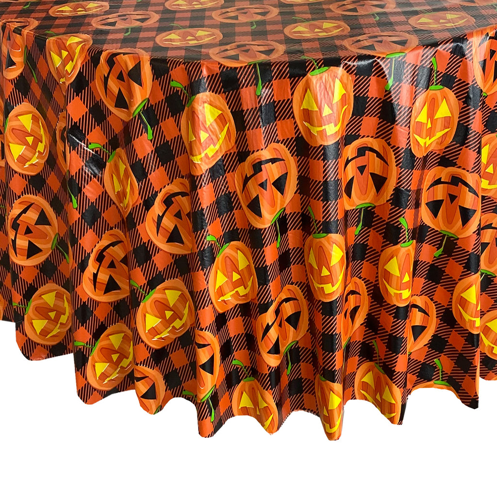 Newbridge Halloween Jack-O’-Lantern Vinyl Tablecloth with Flannel Backing, 70 Inch Round, Orange and Black Buffalo Plaid with Spooky Pumpkin Faces, Wipe Clean Halloween Table Cover