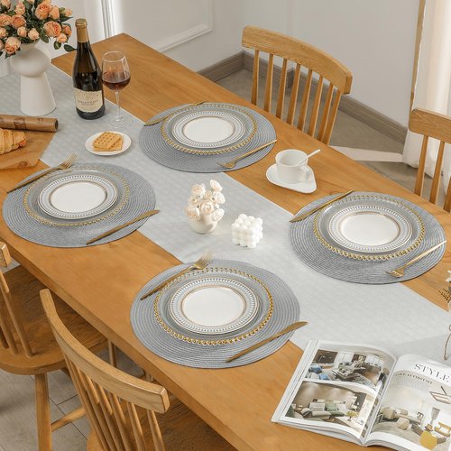 Leetaltree Round Placemats Set of 8 - Washable Woven Non-Slip Round Table Mats,15-Inch Heat Resistant Table Placemats,Light Grey