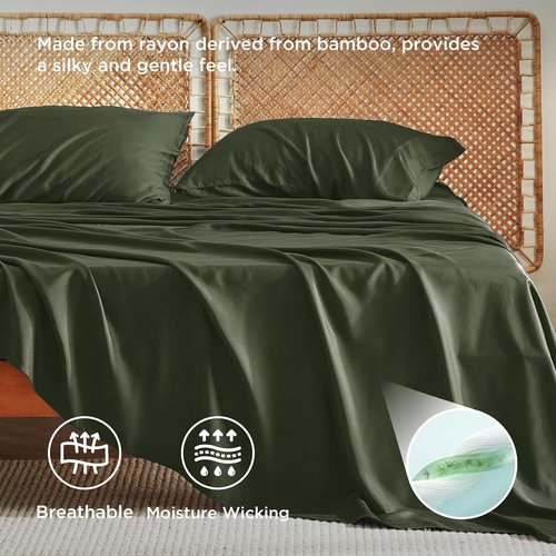 Bedsure Cooling California King Sheet Set - Breathable Rayon from Bamboo, Deep Pocket, Olive Green